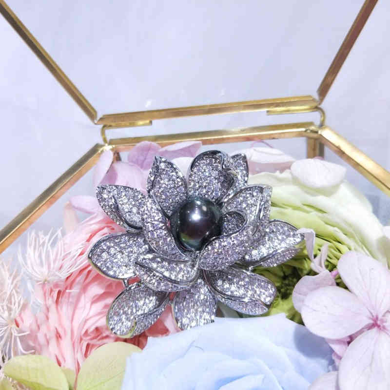 Fashion 925 Sterling Silver Rose Flower With 11-12mm Black Freshwater Pearl AAA Zircon Women Suit Dress Brooch Pin