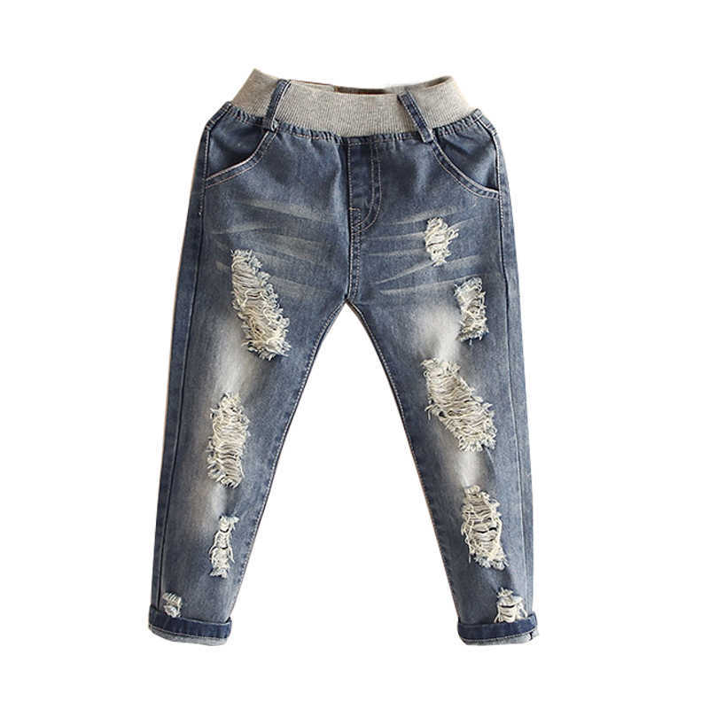 Spring Autumn 2-6 8 10 Years Children Birthday Gift Elastic Long Trousers Washed Hole Denim Jeans For Baby Kids Girls 210529