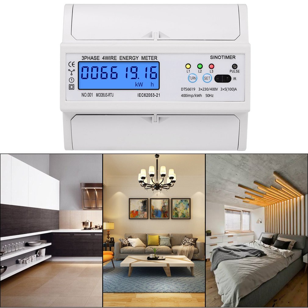 3 Phase 4 Wire RS485 Modbus 380V Din Rail Energy Meter Digital Backlight Power Factor Monitors with voltage current display