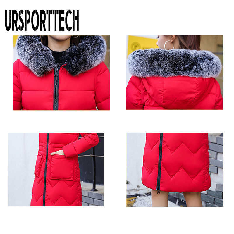 URSPORTTECH Arrival Winter Jacket Women Parka With Fur Hooded Thick Warm Long Padded Coat Female Outwear Print Parkas 210528