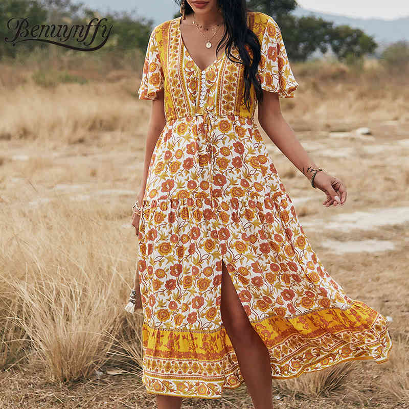 V-neck Floral Print Button Women Bohemian Dresses Vacation Casual Summer Short Sleeve Split Swing Long Dress 210510