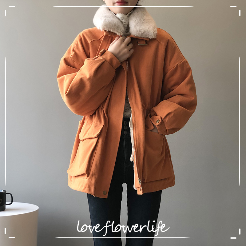 Korean Plush Thickened Denim Tooling Warm Parka H07 210521, Orange