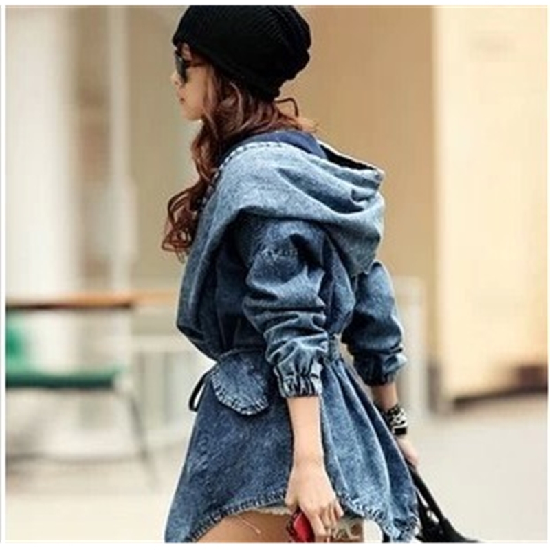 Women Trench Coat Denim Windbreaker Hooded Drawstring Jean Loose Long Fashion Overcoat Autumn 210513