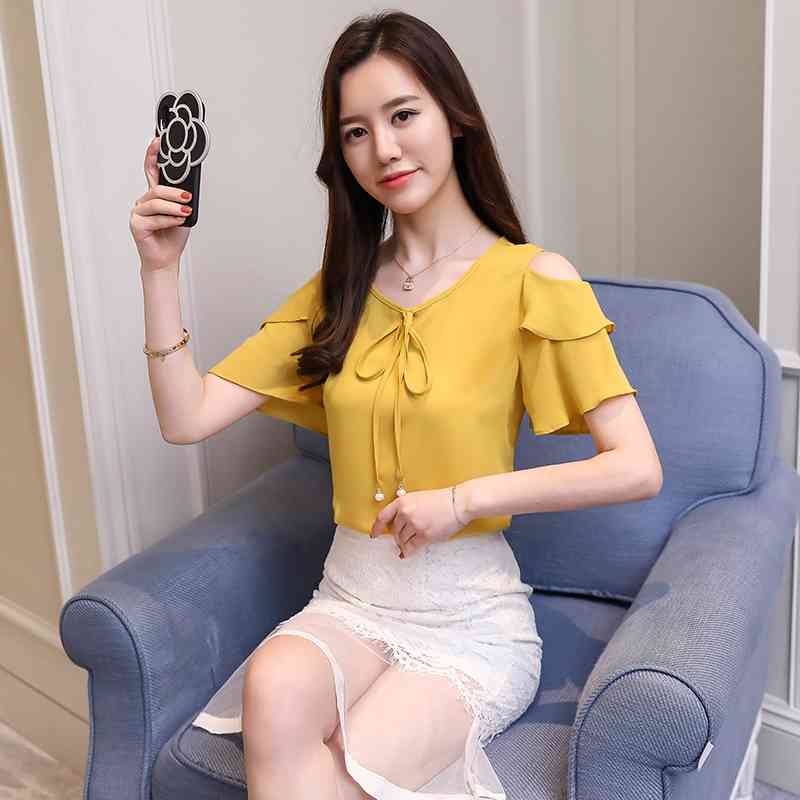Fashion Bow V-neck Sweet Women's Clothing Summer Short Sleeve Chiffon Women Shirt Blouses Red Women's Tops Blusas D667 30 210323