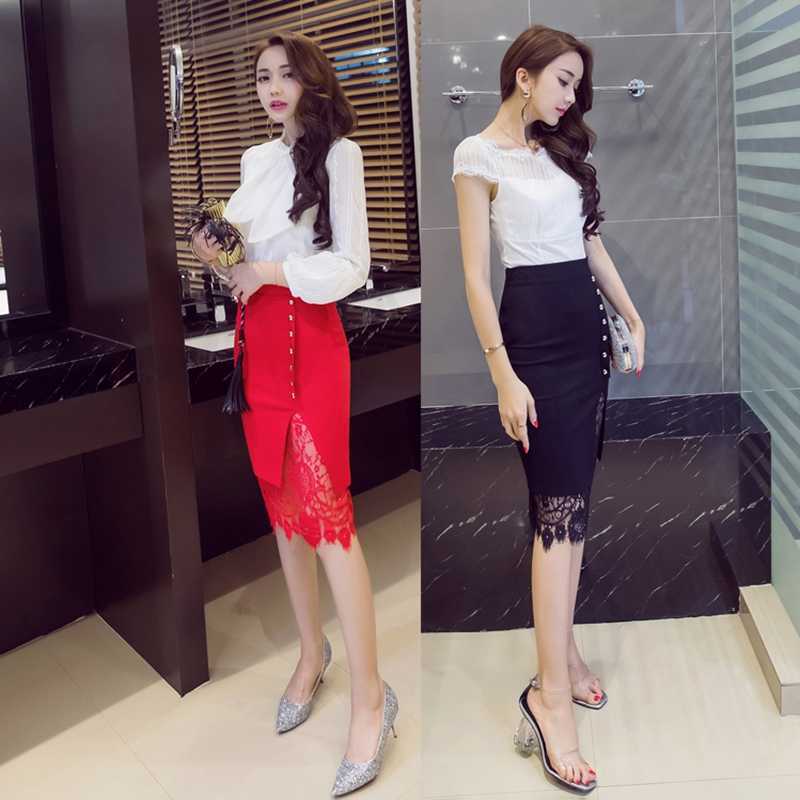 Women's Skirt High Waist Pencil Black Summer Fashion Women Knee Length Lace Patchwork Office Work s Plus Size 210621