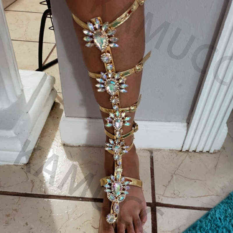 Summer Flats Sandal Gladiator Gold Rhinestone Knee High Buckle Strap Woman Boots Crystal Beach Shoes Plus size 43 Y220224