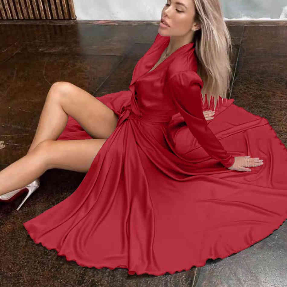 Free Elegant Women's Midi Dress Sexy V-neck Long Sleeve Belted Split Celebrity Club Party A Line Vestido 210524