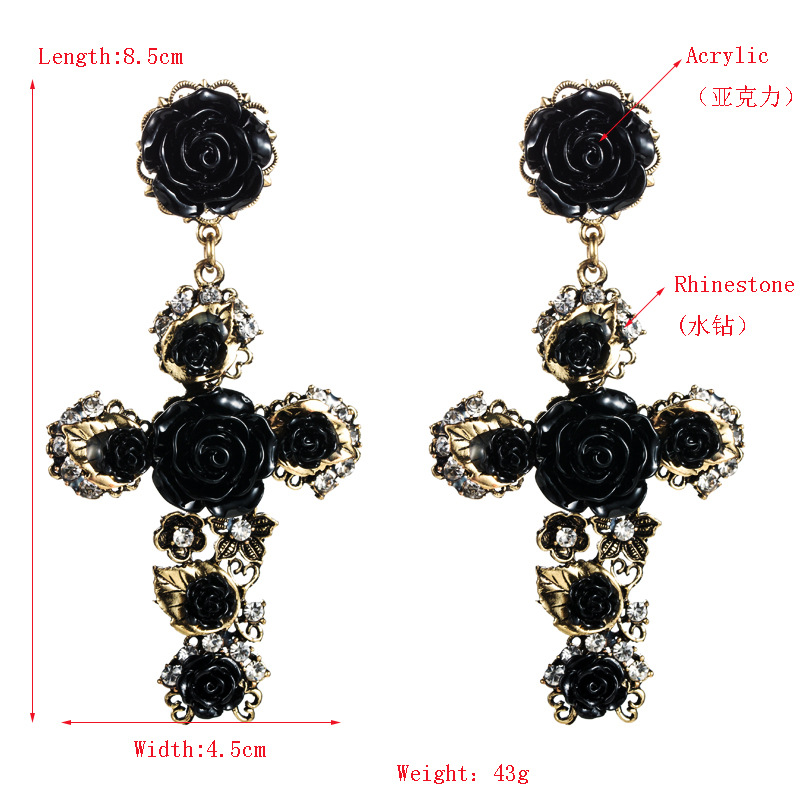 Long Cross Studs Earrings Women Retro Baroque Rose Flower Crystal Rhinestone Dangles Black Red White Color Fashion Design Acrylic Statement Street Par