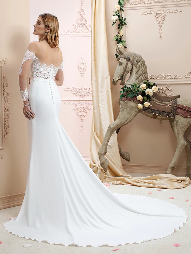 2022 Bridal Gown Trumpet Wedding Dress Bateau Neck Court Train Chiffon Corded Lace Long Sleeve Romantic Sexy Appliques Vestido De Noiva Robe De Mariag