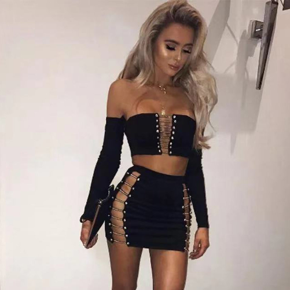 Aummer Women's Two-Piece Bandage Mini Dress Celebrity Party Sexy Bodycon Long Sleeve Off-Shoulder Button Skirt Set 210525