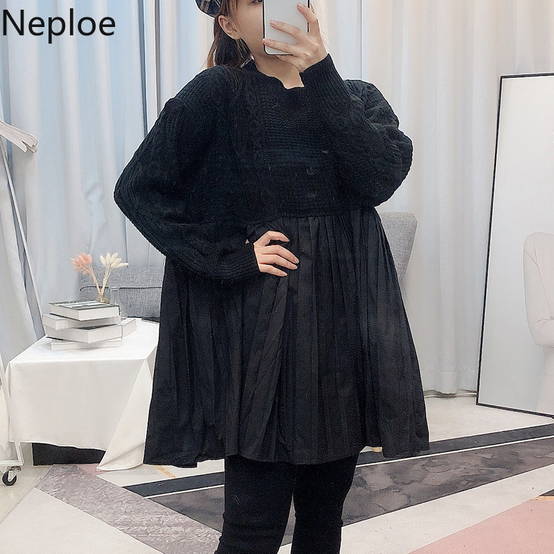 Neploe Chic Woman Dress Fashion Patchwork Knitted Pleated Vestidos O-neck Long Sleeve Loose Casual Robe Dresses Women 4G234 210422