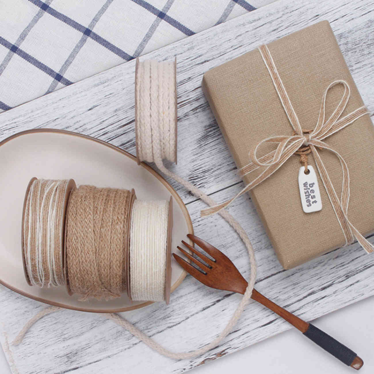 Natural linen ribbon roll jute two-sided white fish silk twin-rope DIY craft gift wrapping for Valentine's Day gift decorating