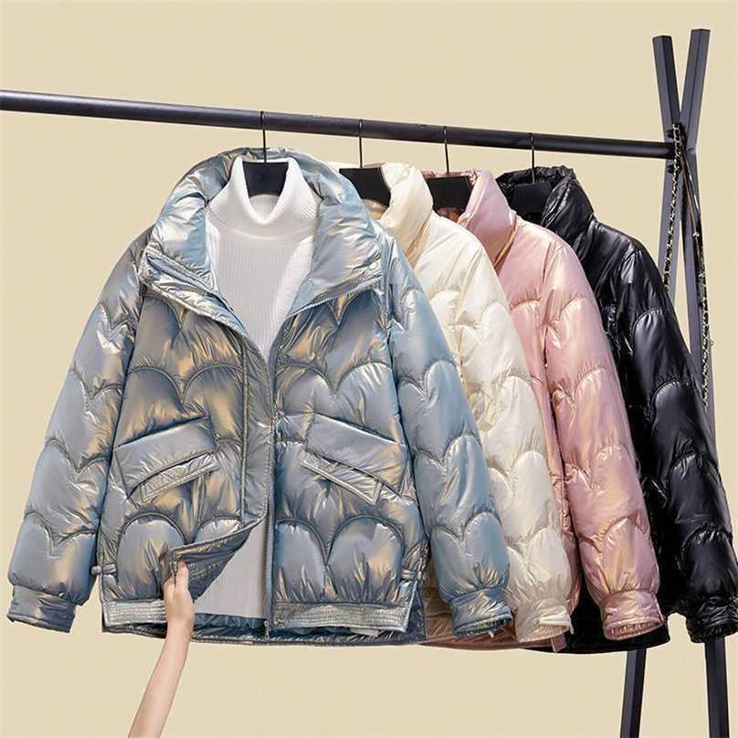 Bright Cotton Puffer Jacket Women's Short Winter Korean Loose Parkas Coat Bubble 211018, Pink