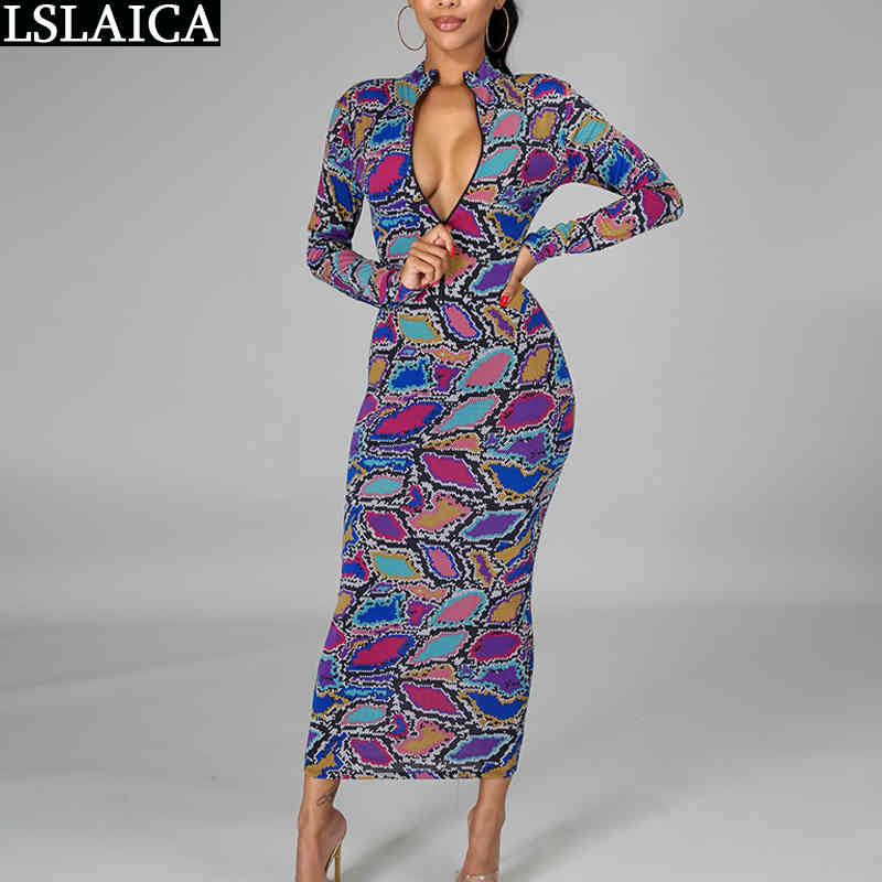 Maxi Dresses for Women Autumn Fashion Print Long Sleeve Turtleneck Sexy Bodycon Zipper Skinny Evening Party Club 210515