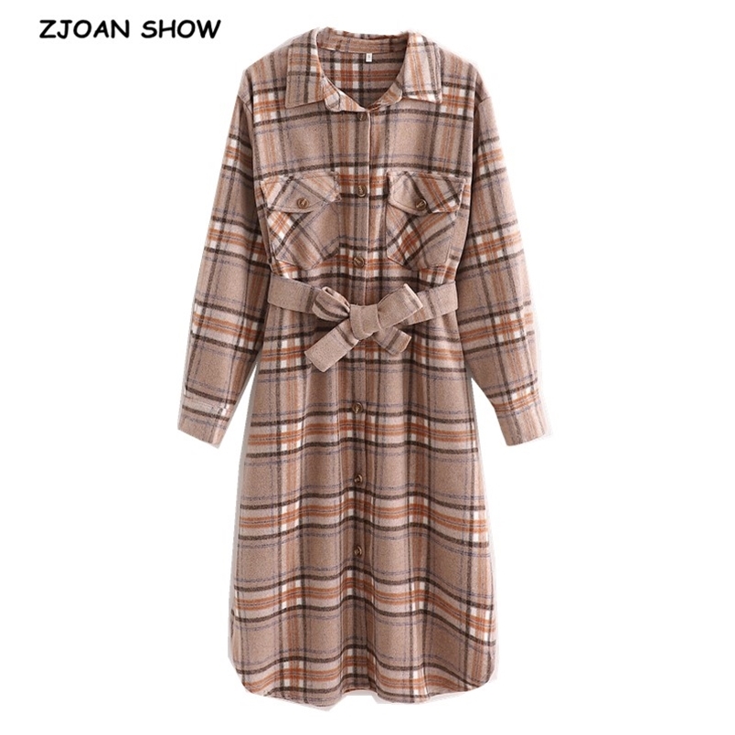 Winter Tie Bow Gingham Check Plaid Coat Oversize Style Women Front Pockets Loose Long Trench Lapel Woolen Jacket 210429
