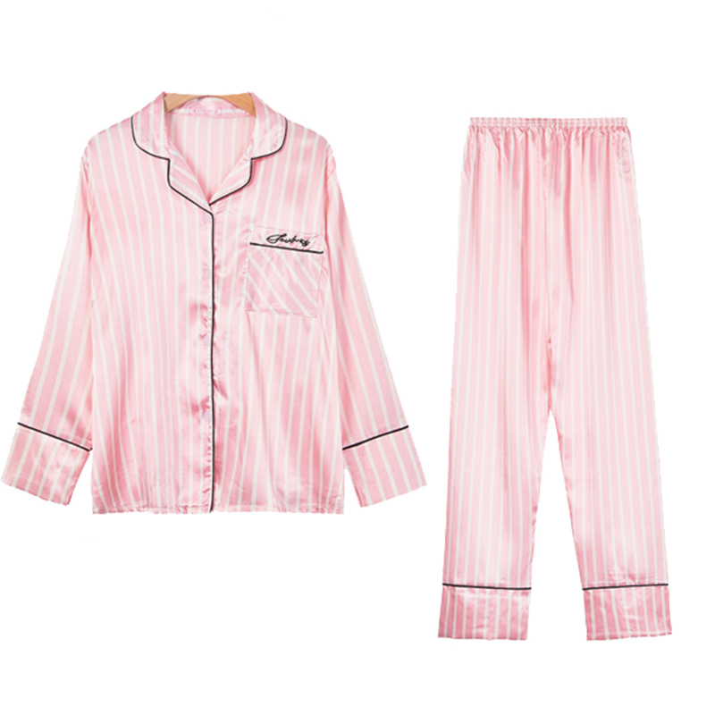Pink Women's 7 Pieces Pajamas Sets Faux Silk Striped Pyjama Women Sleepwear Sets Spring Summer Autumn Homewear 210326