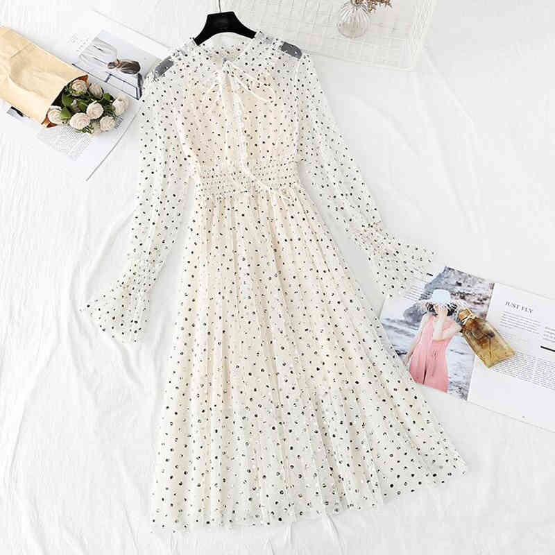 Polka Dot Print Women Dress 2-piece Set Spring Summer Vintage Sweet Mesh Dresses Long Sleeve Party Dress Robe Femme Vestido 210521