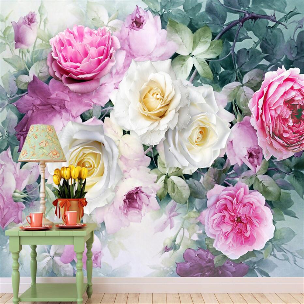 Rose cluster three-dimensional watercolor wall custom large mural green wallpaper papel de parede para quarto