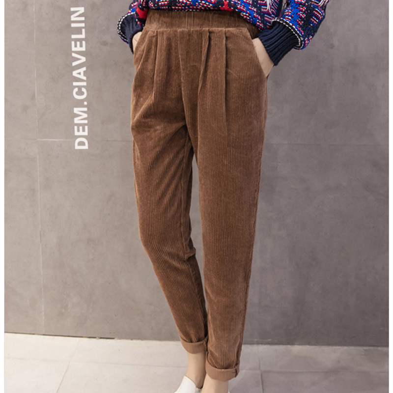 Casual Black Pink Trousers Plus Size Pants Women Corduroy Autumn Winter Korean Elastic Waist Harem 7287 50 210506