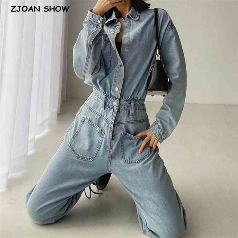 CHIC Spring Safari Denim COOL Women Jumpsuits Buckle Belt Sashes Long Sleeve Bodysuits Pants Jeans Romper Playsuits 210429