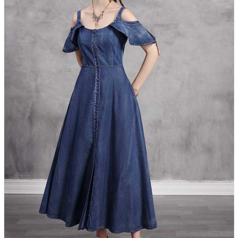 Silm Waist Camisole Denim Dresses for Women Vintage Shoulder Strapless Elegant Office Lady Vestidos Summer 210525