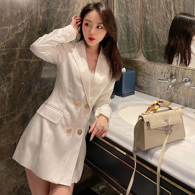 DEAT Women White Pockets Double Breasted Blazer New Turn-down Collar Long Sleeve Slim Fit Jacket Fashion Tide Summer 7E0380 210428