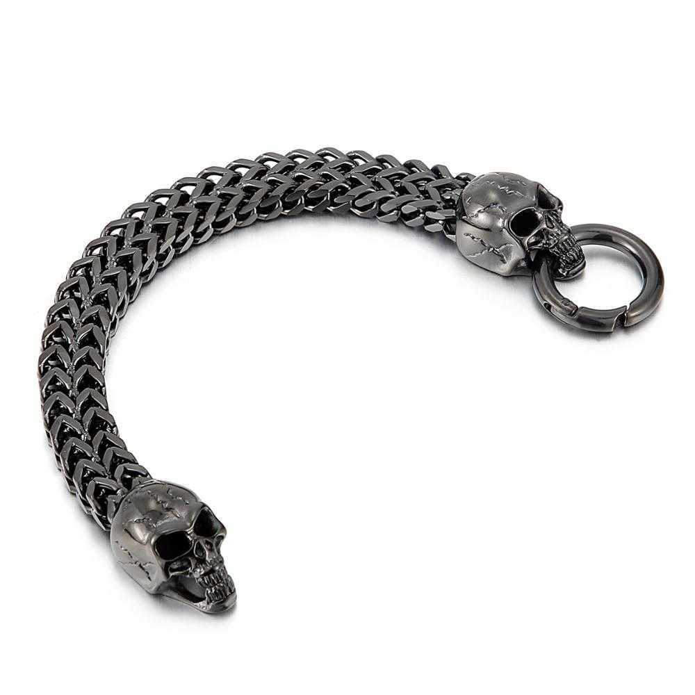 11mm Punk Ghost Head Chain Bracelet Men Stainless Steel 316L Gold/Black/Silver Color Double Skull Charm Bracelets 210609