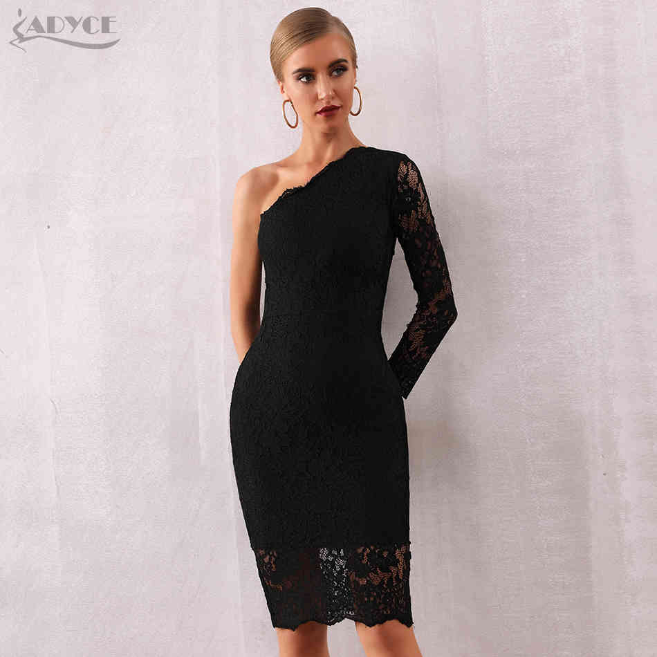Autumn One Shoulder Lace Bandage Club Dress Women Vestidos Sexy Elegant Black Long Sleeve Celebrity Party Dresses 210423