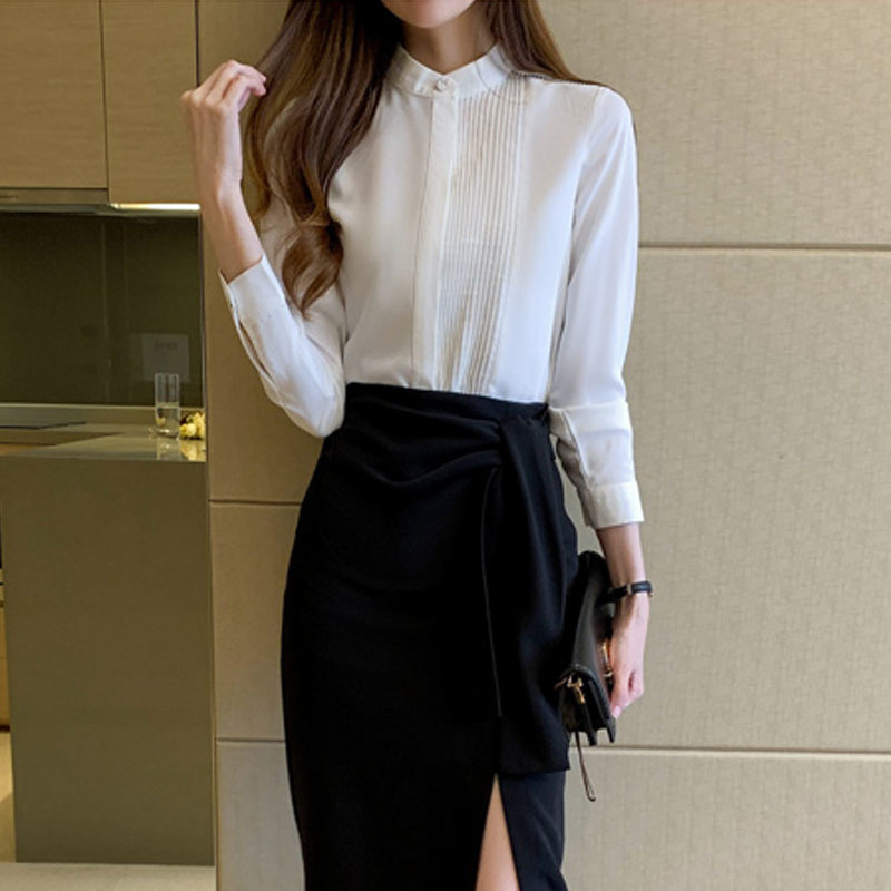 Spring Women's Shirt Korean Style Pleated Long-sleeve Office Lady's Top Fashion Bottoms Blusas Mujer 13931 210427