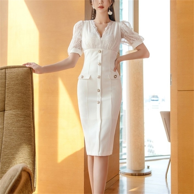 Korean V-neck Slim Stitching Lace Dress Short Sleeve Single Breasted Bodycon Sheath Pencil Casual Party Dresses 210603, Picture color
Korean V-neck Slim Stitching Lace Dress Short Sleeve Single Breasted Bodycon Sheath Pencil Casual Party Dresses 210603, Picture color