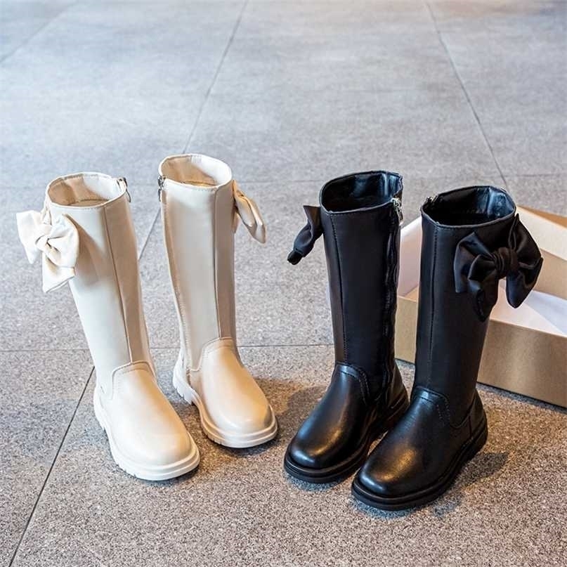 Kids Long Boots Knee Bowknot White Black Fashion Sweet Pu Leather Girl's Autumn Boot 26-36 Elegant Chic Comfy Children Shoes 211102