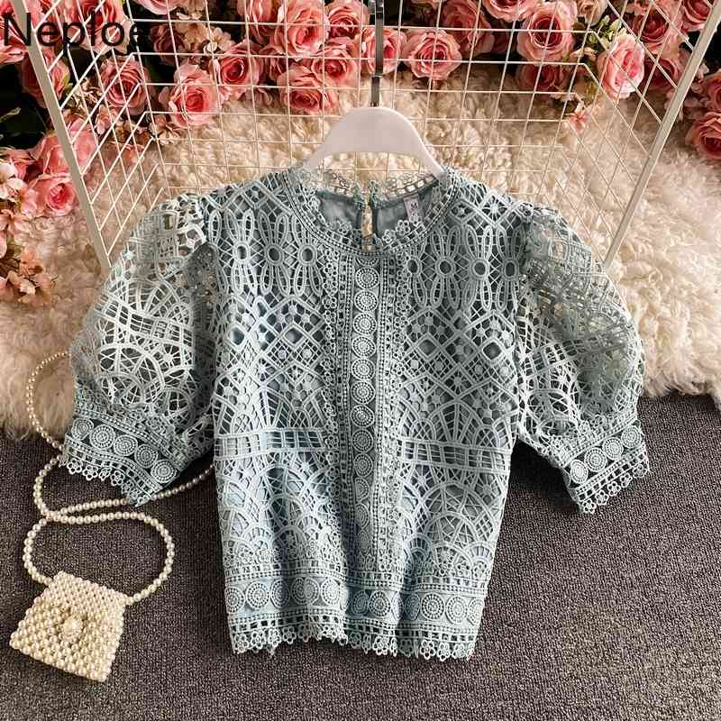 Neploe Blusas Mujer De Moda Vintage Puff Sleeve Blouses Hollow Out Crochet Floral Crop Tops Korean Summer Elegant Shirts 210422