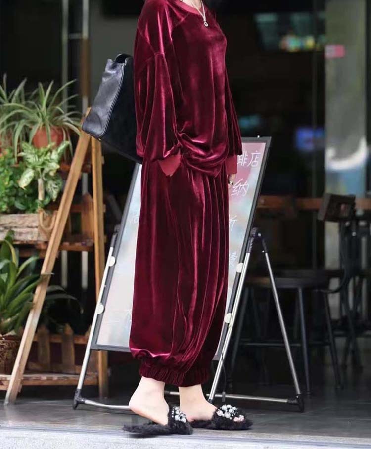 Women's Sets Velvet Batwing Sleeve Woman Tops With Wide Leg Pants Two Piece Set Plus Size Women Clothes Autumn 210513