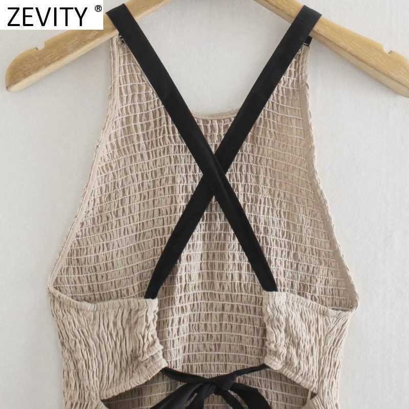 Zevity Women O Neck Elastic Short Smock Blouse French Female Sexy Backless Cross Lace Up Ruffles Shirt Chic Crop Tops LS9273 210603