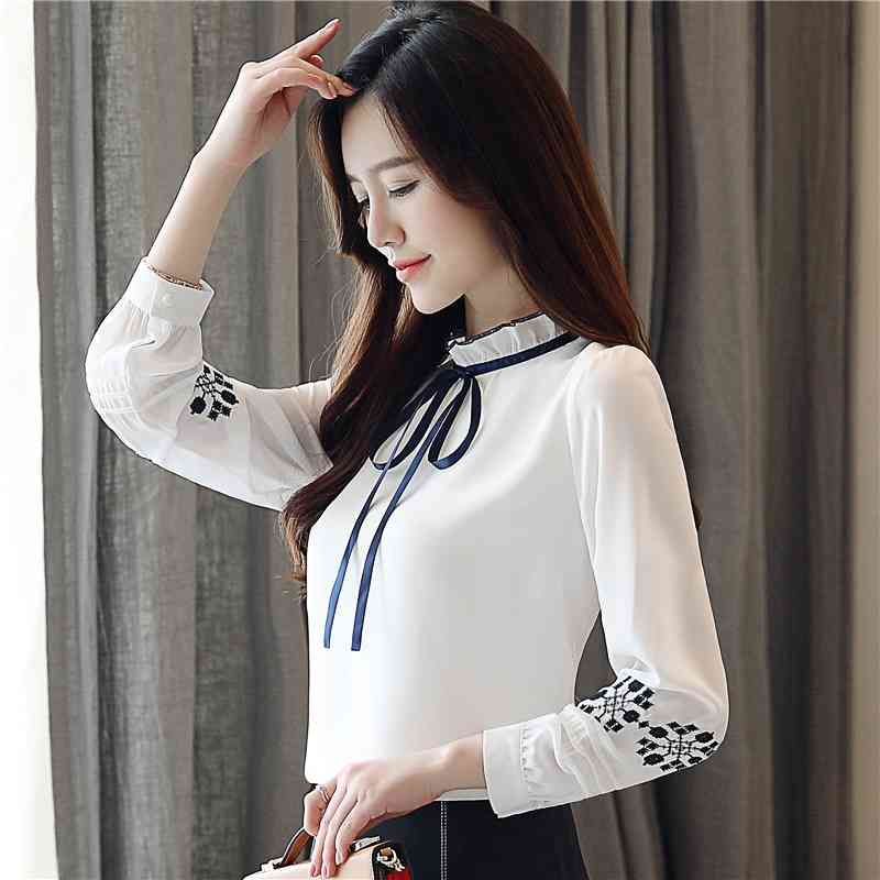 Autumn Embroidered Chiffon Women Blouse Shirt Long Sleeve Slim Bow Tie Femme Tops Bottoming Clothing 0857 30 210506