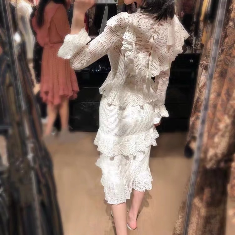 runway deigner white lace high quality hollow out party night dress up slim ruffles flower embroidery flare sleeve 210421
