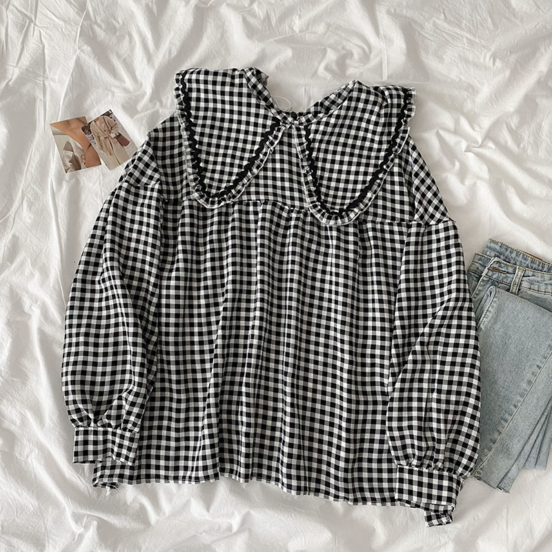 Kimutomo Chic Plaid Shirt Spring Women Korean Fashion Female Peter Pan Collar Long-sleeved Elegant Top Casual 210521