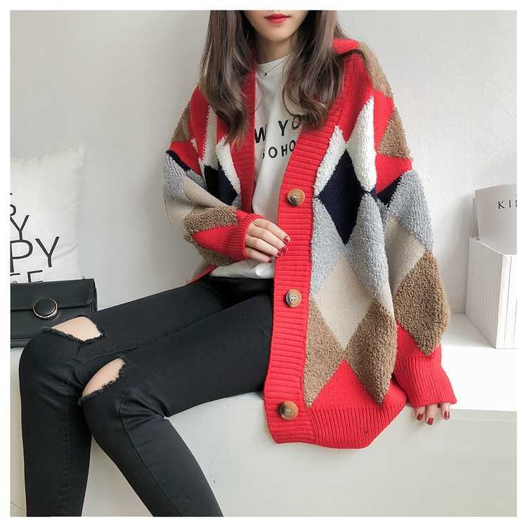 Qooth Autumn Elegant Plaid Cardigan Women Full Sleeve Check Sweater Office Winter V-neck Loose Ins Clothes Coats QT237 210609
