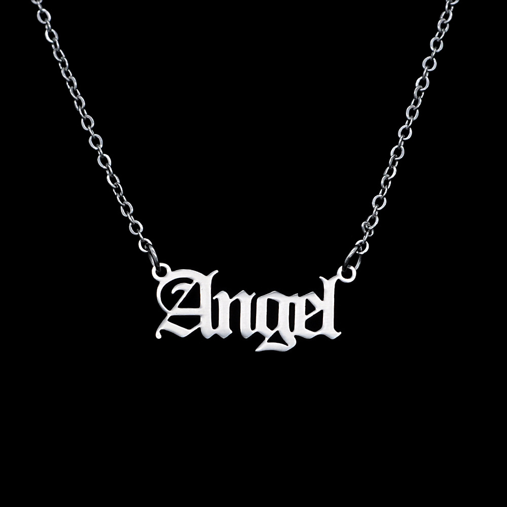 10PCS Old English Letter Word Angel Necklaces Stainless Steel Initial Alphabet Name Logo Pendant Charm Chain Minimalist Collar Choker Jewelry for Wome