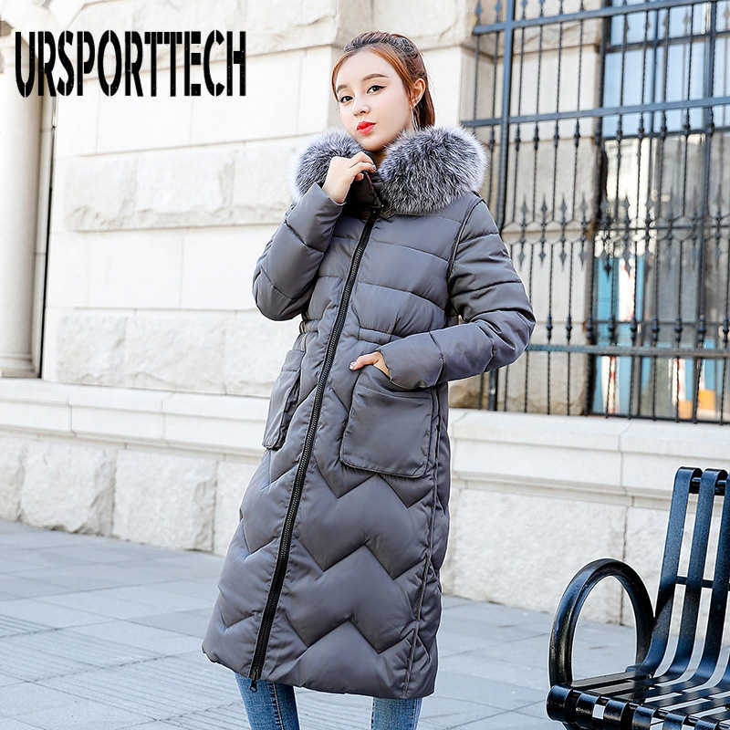 URSPORTTECH Arrival Winter Jacket Women Parka With Fur Hooded Thick Warm Long Padded Coat Female Outwear Print Parkas 210528