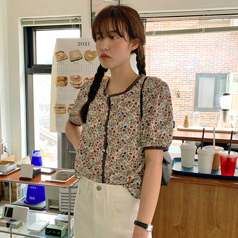 Korejpaa Women Shirt Summer Korean Chic Retro Round Neck Edging Single-Breasted Loose Versatile Floral Puff Sleeve Blouses 210526