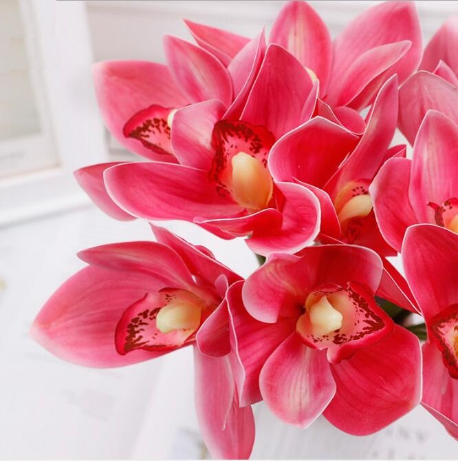 Artificial flower 6 heads of Cymbidium palm bouquet wedding decorative Butterfly Orchid flowers