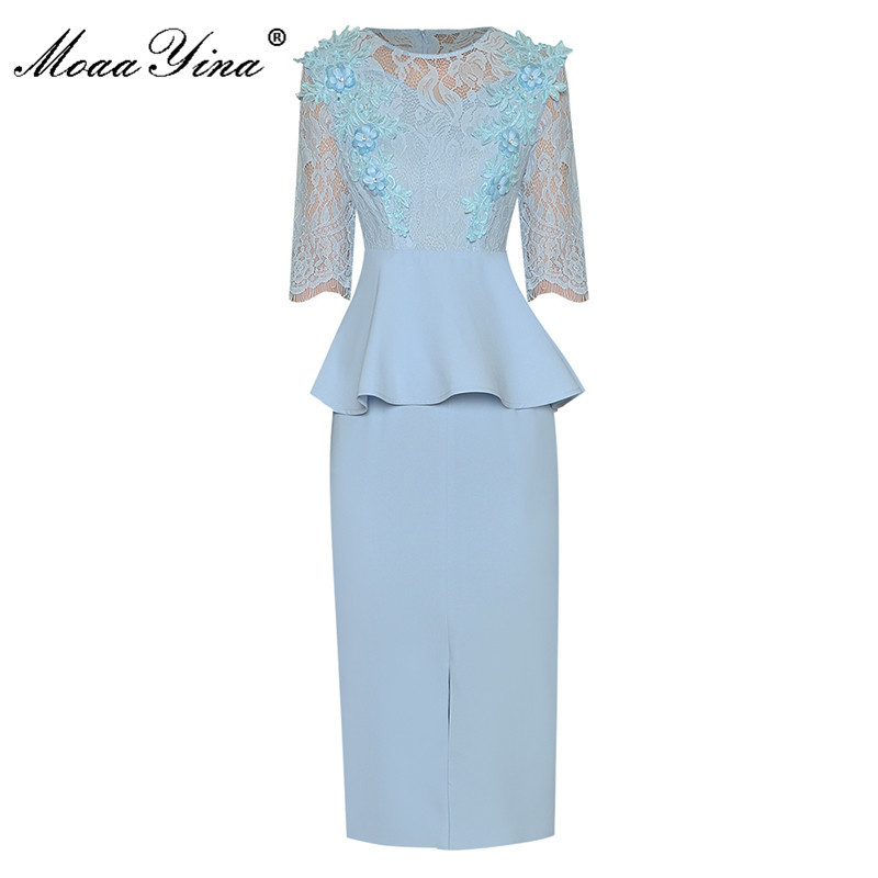 Summer Fashion Party Dress Women's Slim O-neck Lace Short sleeve Embroidered Ruffles Solid Pencil Midi 210524