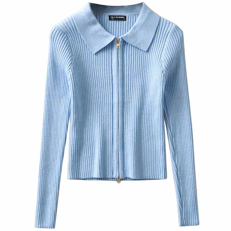 WOMENGAGA Sexy Double-headed Zipper Lapel Long Sleeve Knitted Cardigan Women's Short Tops Vertical Stretch Slim Sweater M02O 210603