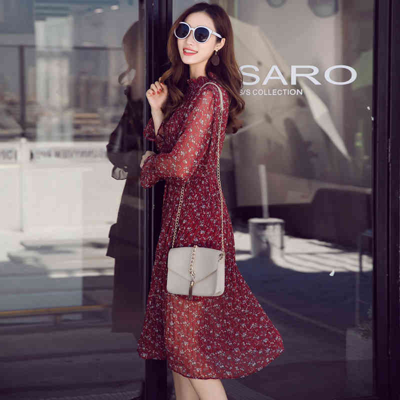 Spring summer women elegant printed floral chiffon dress long sleeve fashion casual lady bohemian pleated female 210514