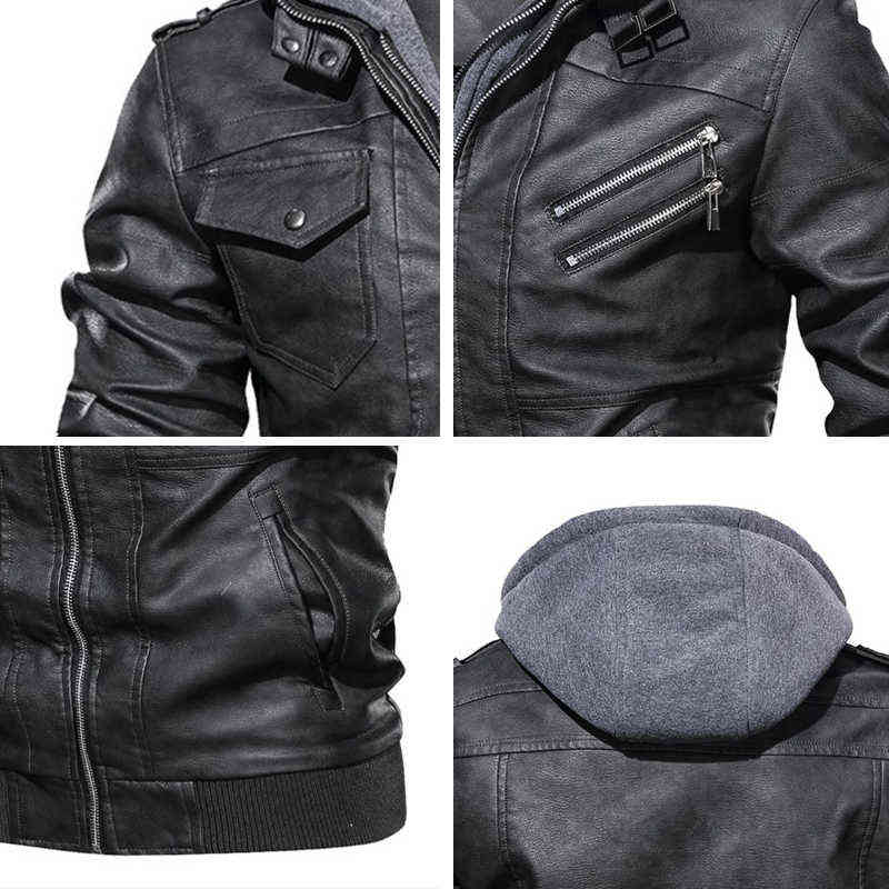 Mens Outwear Bomber Vintage Autumn Black PU Leather Casual Jacket Slim Fit Motorcycle Biker Coats Removable Hood 211110