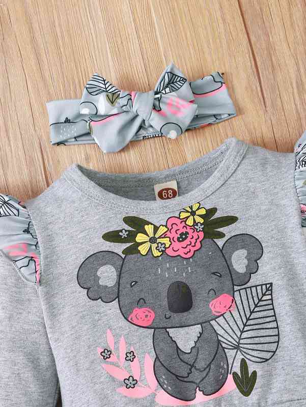 Baby Koala And Floral Print Ruffle Trim Pullover & Sweatpants With Headband SHE