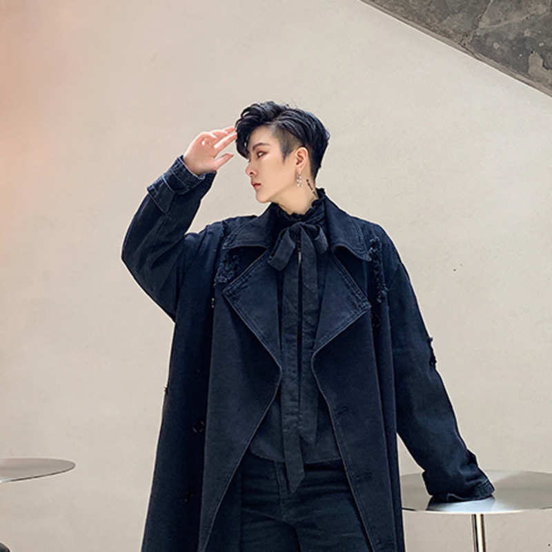 IEFB / Fashion Mens Windbreaker Suit Collar Douoble Breasted With Belt Denim Trench Coat Male Loose Casual 9A459 210524