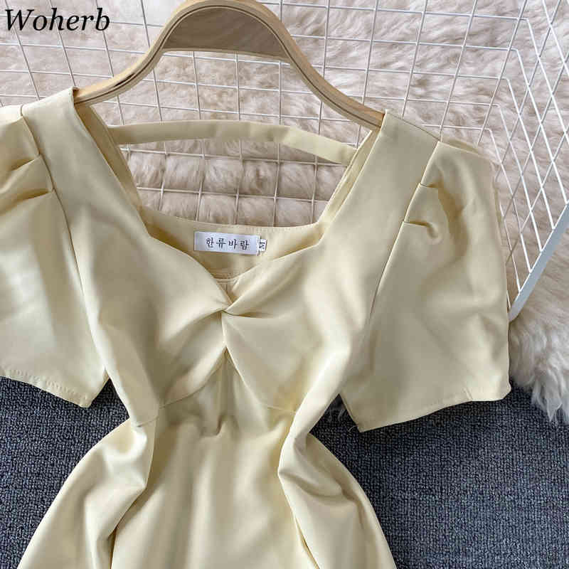 Summer Elegant Square Collar Dress Women Short Puff Sleeve Mini Dresses Sexy Party Korean Robe Femme 210519