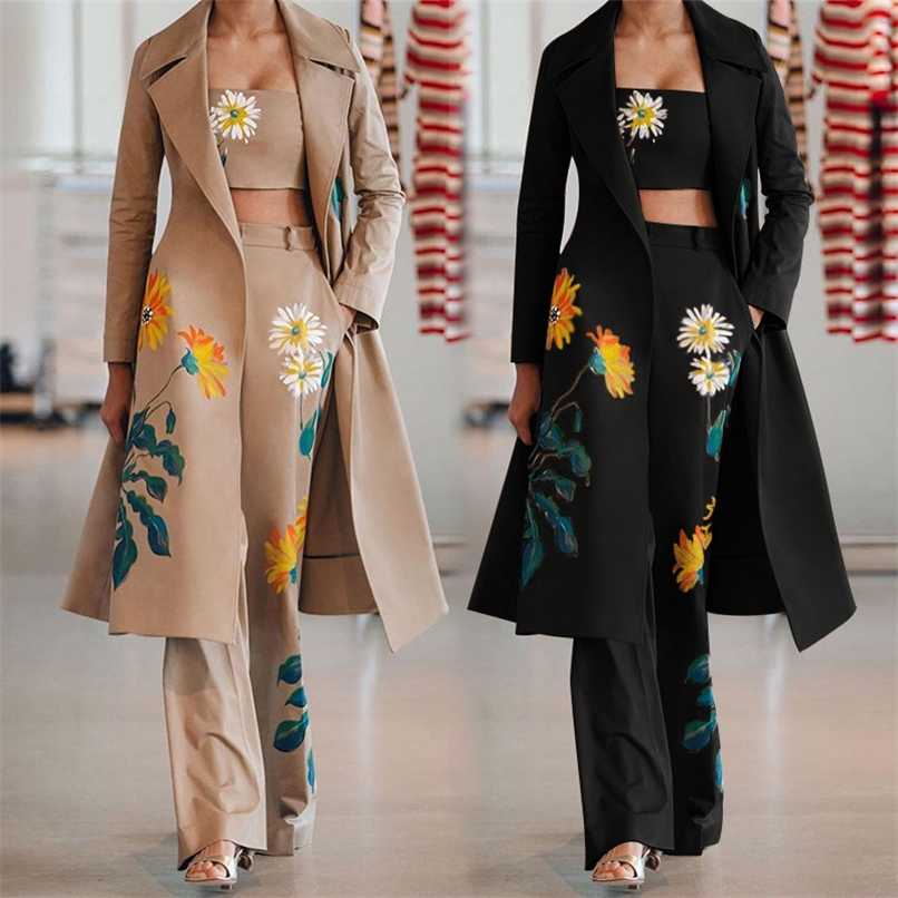 female office OL printing suit long three-piece windbreaker + vest high waist pants 210930
